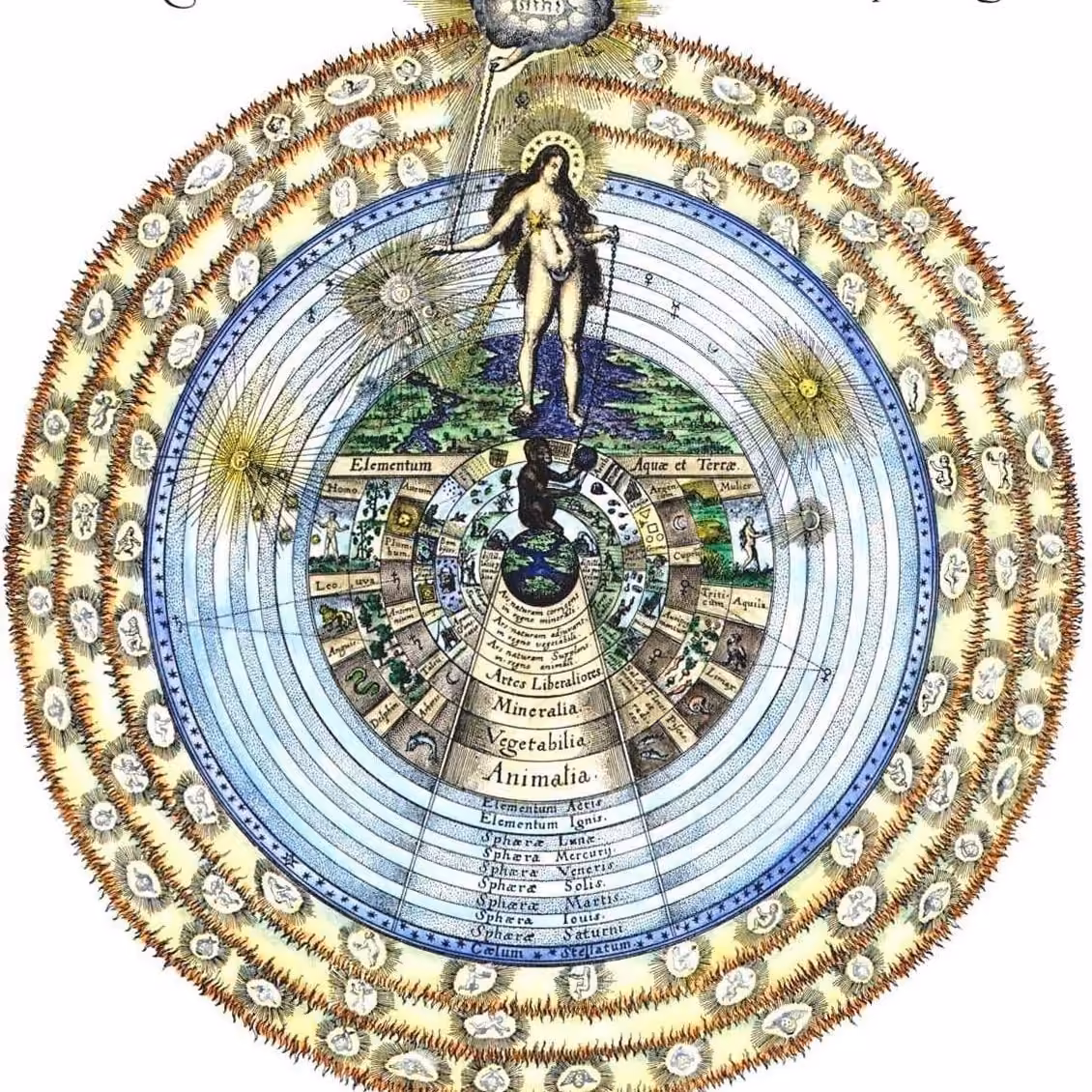 Fludd's 1617 engraving of Nature and, at the centre of the cosmos, the ape of Art holding a gridded model of the world: the artificial imitator, four centuries early.