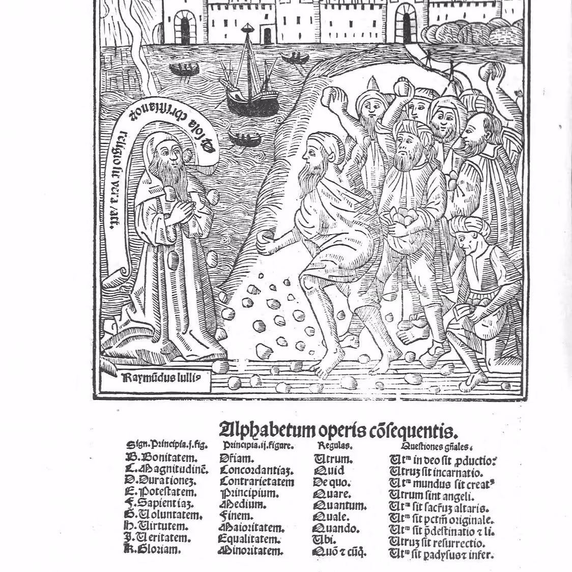 Woodcut of Ramon Llull and disciples, with the alphabetum operis consequentis table beneath. Ars Inventiva Veritatis, 1515.