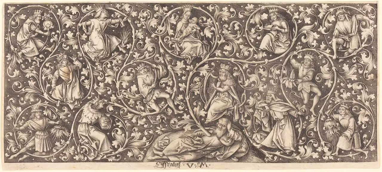 Israhel van Meckenem, Ornament with the Tree of Jesse (15th century): the generations from Jesse to Christ in scrolling vines.