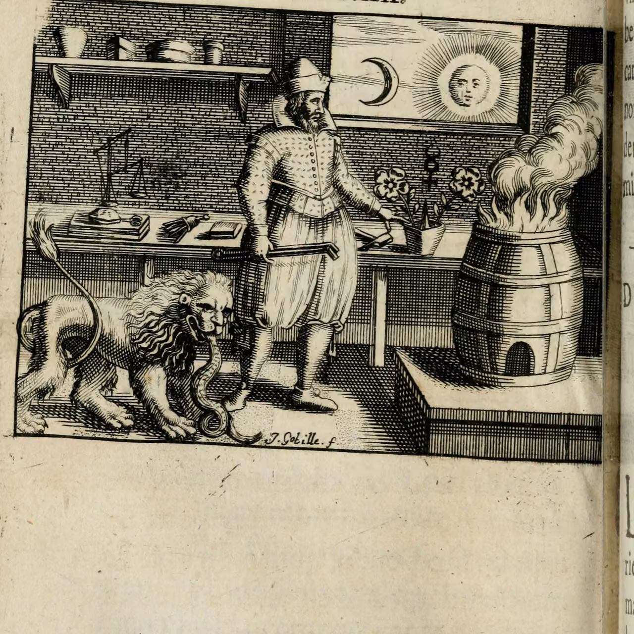 Engraving headed “Clef XII”: an alchemist in his laboratory beside a furnace, a lion devouring a serpent at his feet, the sun and moon in the window.