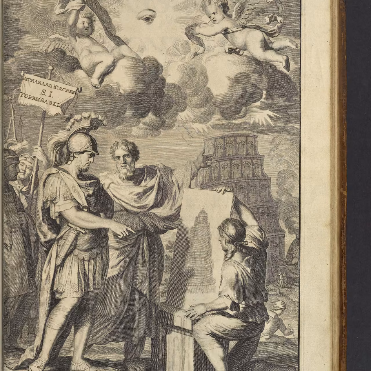 Frontispiece of Athanasius Kircher's Turris Babel (1679): a draftsman sketches the half-built Tower of Babel on a tablet while a sage and a general look on, beneath a radiant divine eye, the encyclical's own central image.
