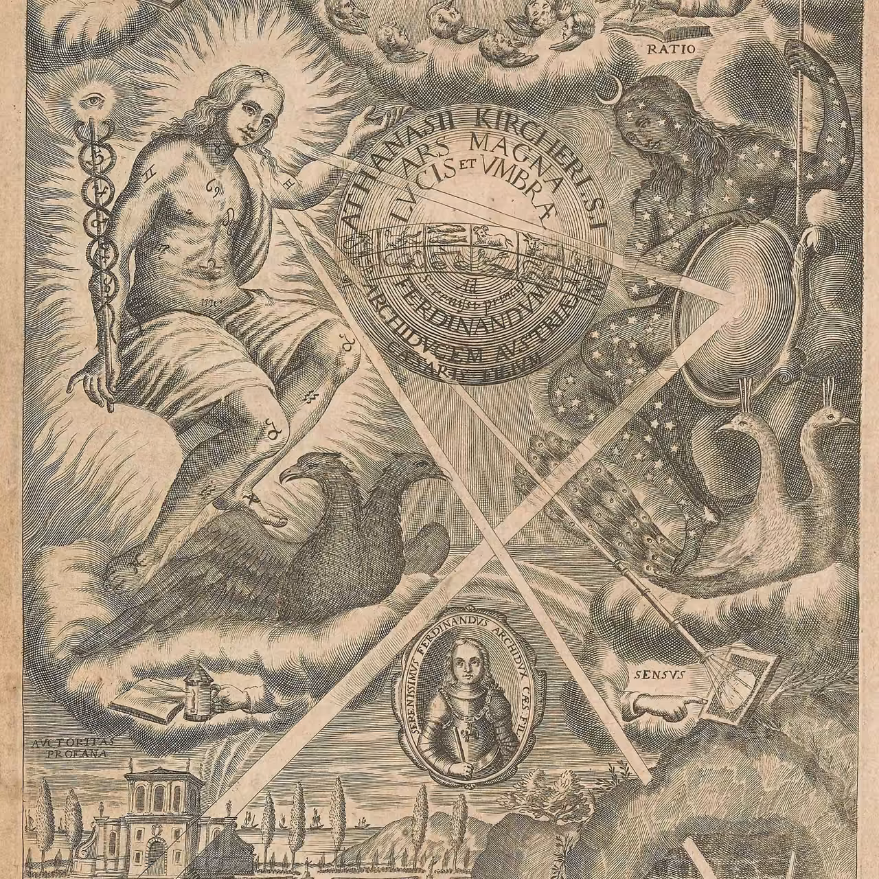 Frontispiece of Athanasius Kircher's Ars Magna Lucis et Umbrae (1671)