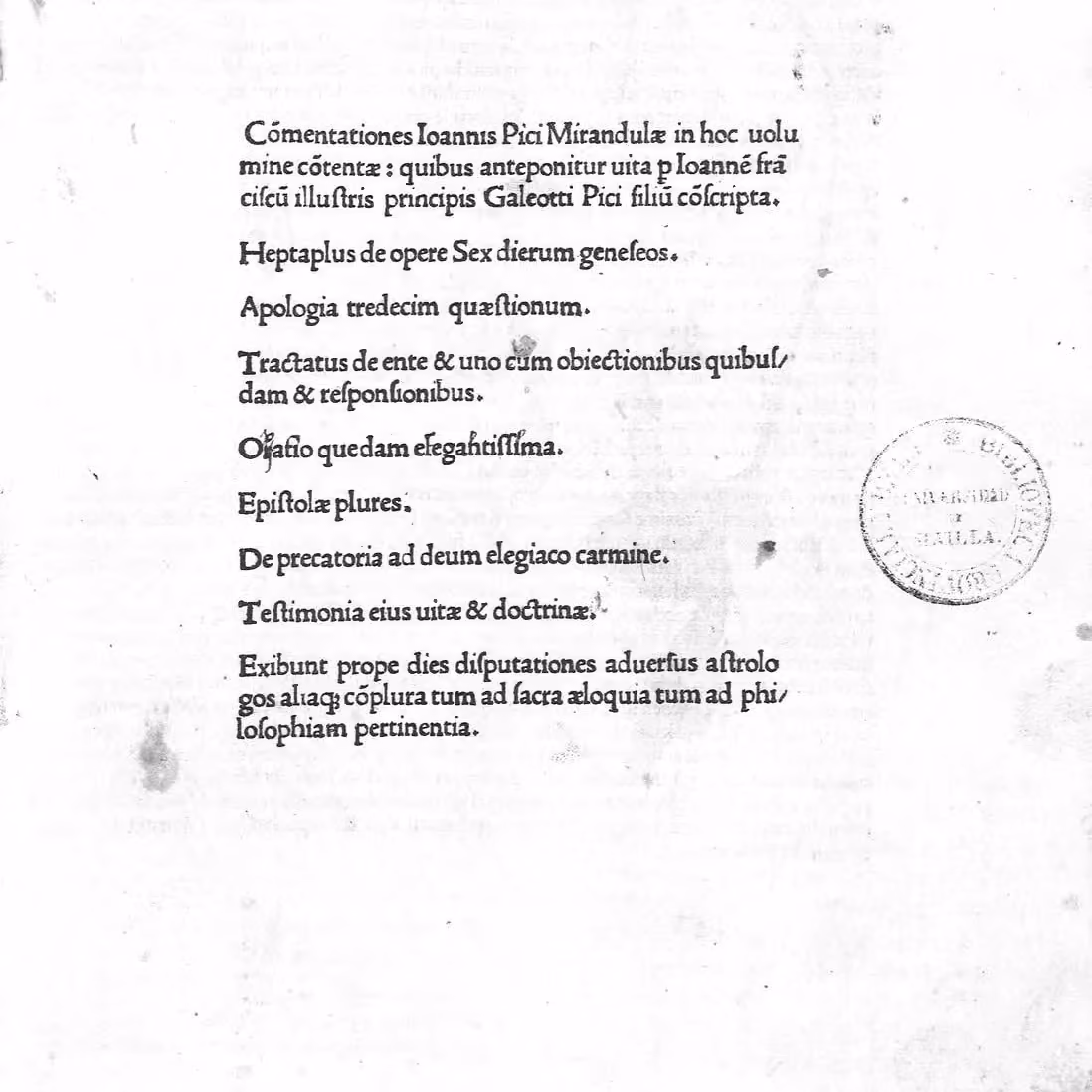 Title page of an early printed edition of Pico della Mirandola’s collected works, listing the Heptaplus, the Apologia for the thirteen condemned theses, De Ente et Uno, and the Oration