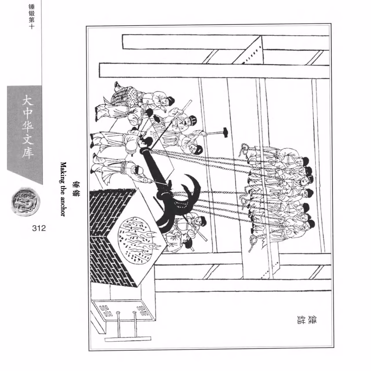 Woodcut of an iron forge from the Tiangong Kaiwu (1637)